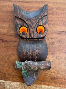 Vintage 60s 70s Mid-Century Modern Carved Wooden Owl Wall Hanging Felt Eyes 10”